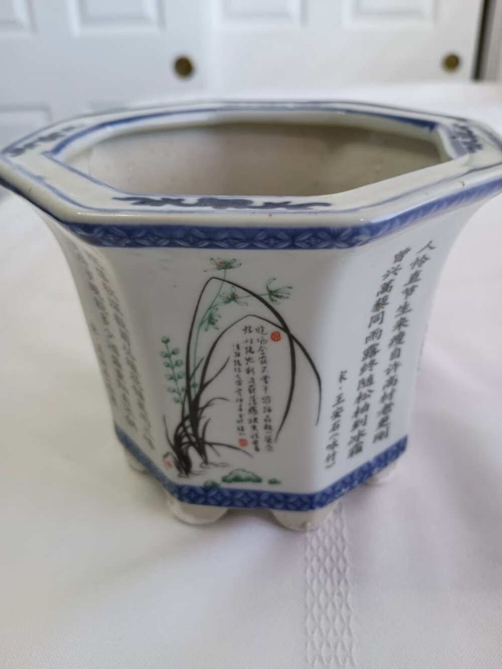 Chinese Porcelain Octagonal Planter with Calligraphy and Panel Decor